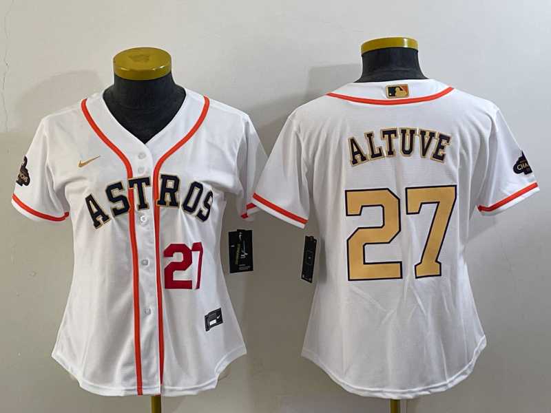 Women%27s Houston Astros #27 Jose Altuve Number 2023 White Gold World Serise Champions Patch Cool Base Stitched Jersey->mlb womens jerseys->MLB Jersey